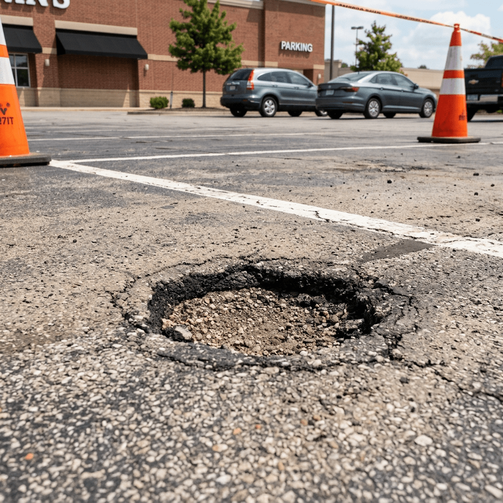 Construction workers resurfacing asphalt in parking lot with machinery and safety cones