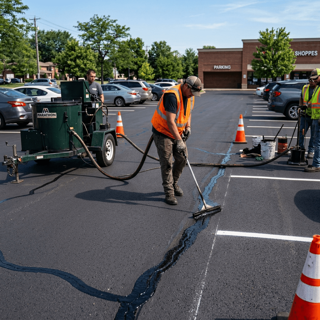 Workers applying sealant to cracks in a parking lot surface