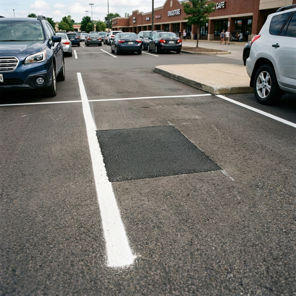 Square asphalt patch repairing cracked parking lot pavement between parking spaces
