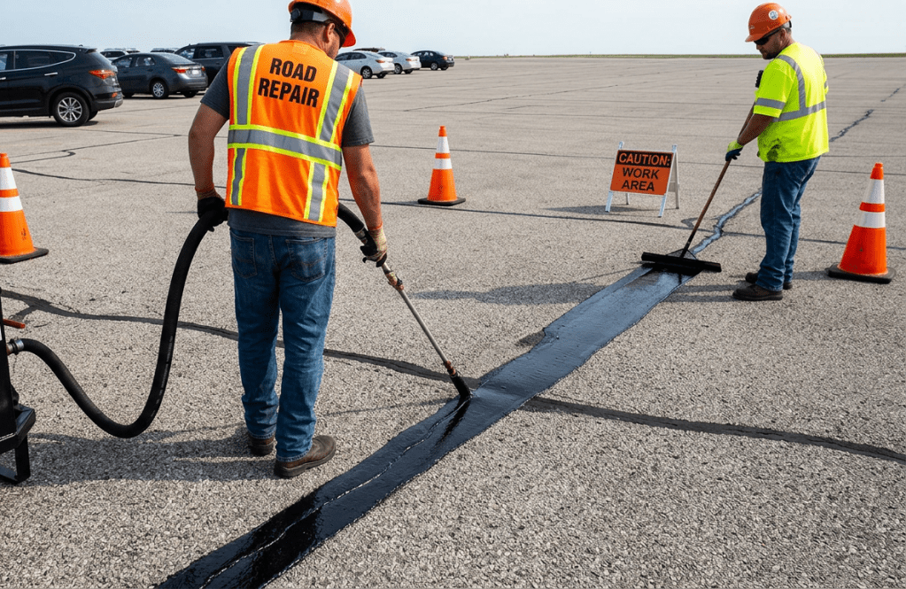 Workers sealing cracks in parking lot pavement with hot sealant