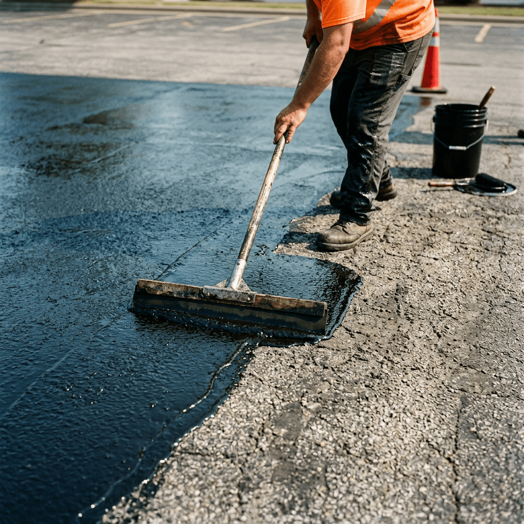 Worker spreading black asphalt sealant on cracked pavement with squeegee