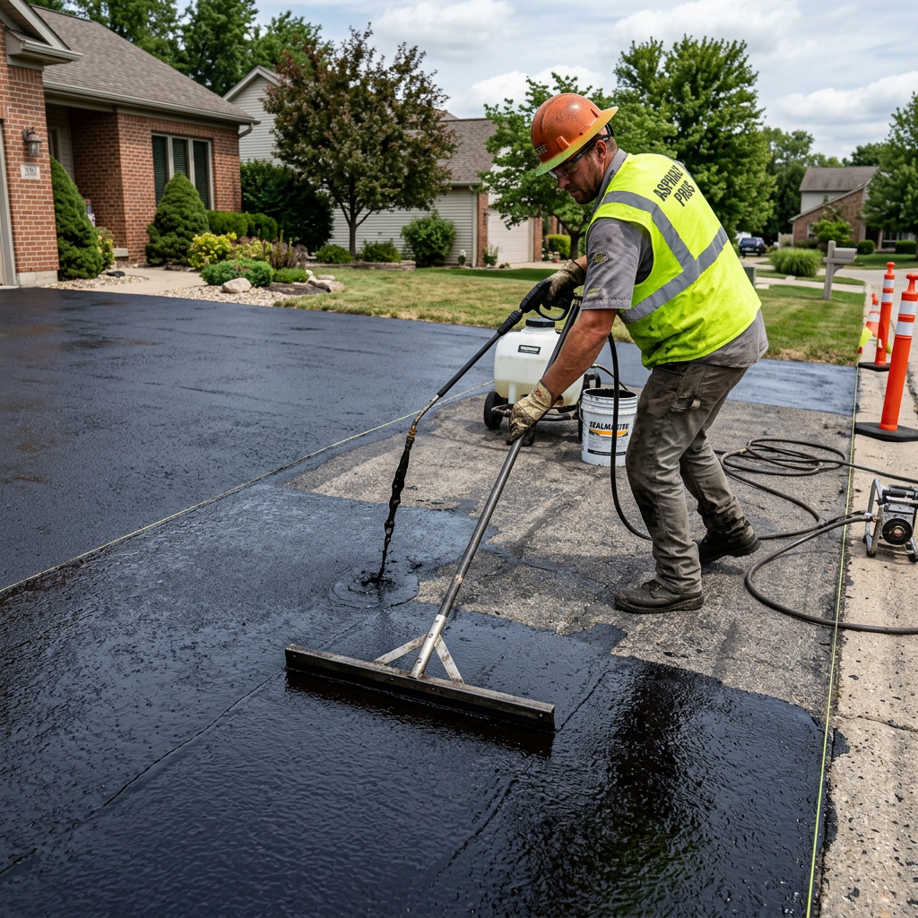 Worker applying sealcoat on asphalt surface