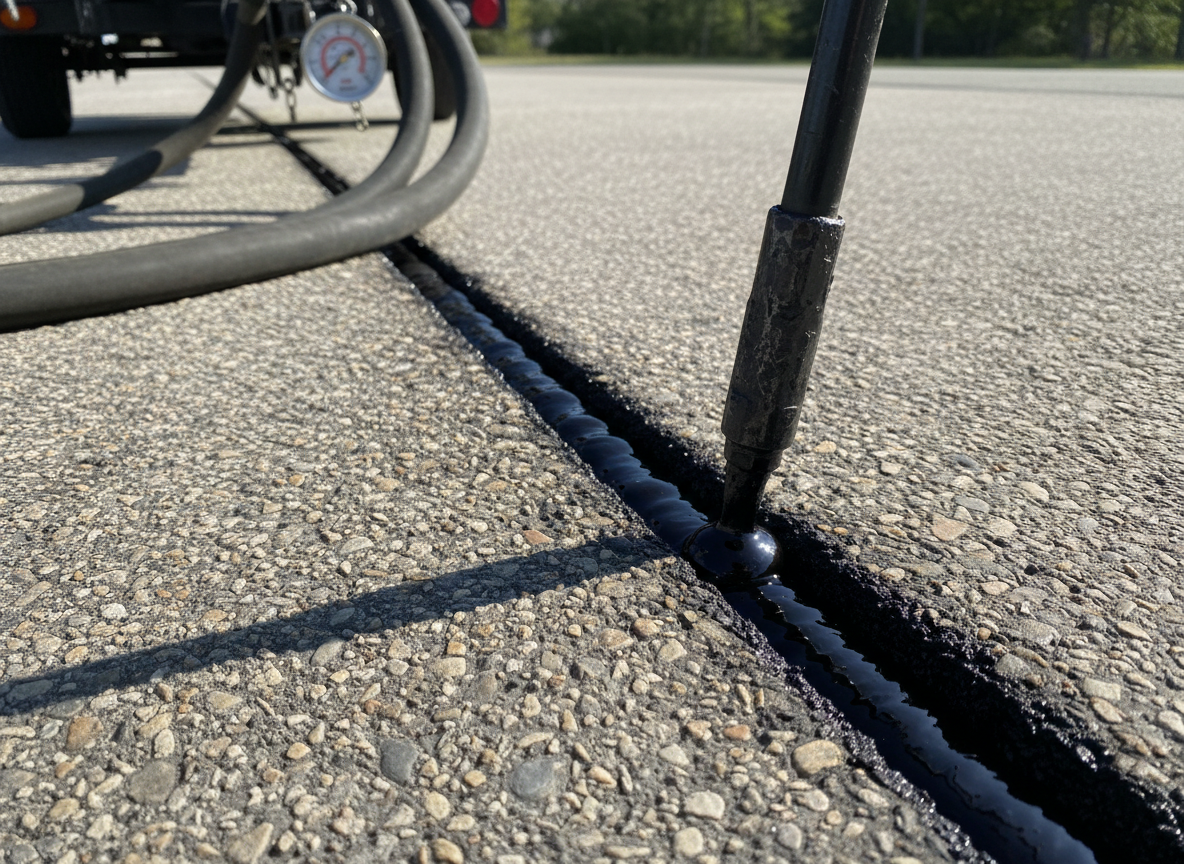 A detailed close-up of hot rubber crack filling being applied to a long, narrow crack in aged asphalt. The crack is neatly routed and cleaned, with a crack-fill wand dispensing a smooth, dark bead of material that slightly crowns above the surface, still glossy from heat. The surrounding pavement shows fine aggregate texture and light oxidation, emphasizing the repair area. Nearby, the lower portion of a crack sealing kettle on a trailer is visible with hoses and temperature gauges, slightly out of focus. Shot in clear daylight with directional side lighting that highlights the molten material and pavement texture, the mood is technical and reassuring, emphasizing preventative maintenance and careful repair.