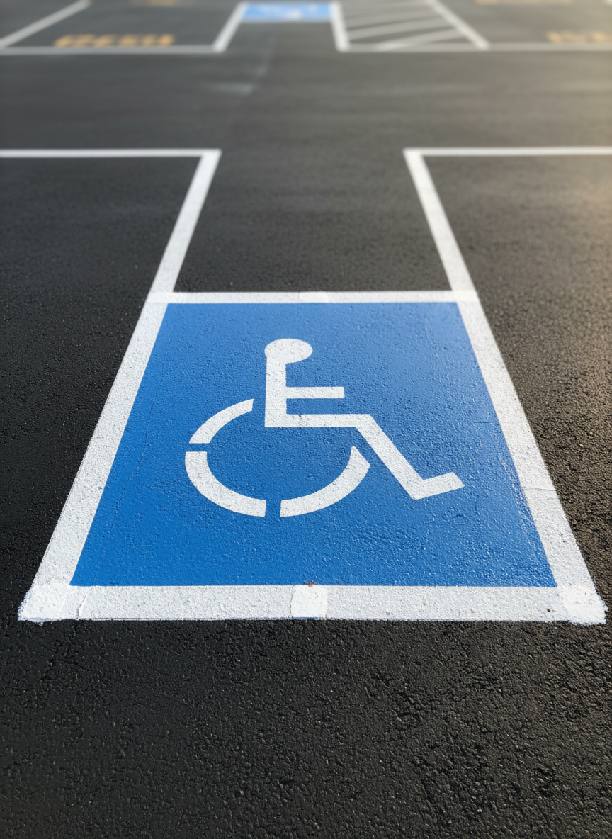 A focused, overhead close-up of a clean, newly sealcoated asphalt surface featuring a crisp, bright-blue accessible parking space with a large, well-defined wheelchair symbol and clean white border lines. The contrast between the rich black sealcoat, the vivid blue field, and the bright white markings is striking. Subtle surface texture and tiny reflective beads in the paint catch the soft, mid-morning sunlight. The rest of the lot fades into a softly blurred background of dark pavement and faint stripes. Photographic realism, with a tight composition that feels orderly and precise, conveying regulatory compliance, care for all visitors, and meticulous striping craftsmanship.