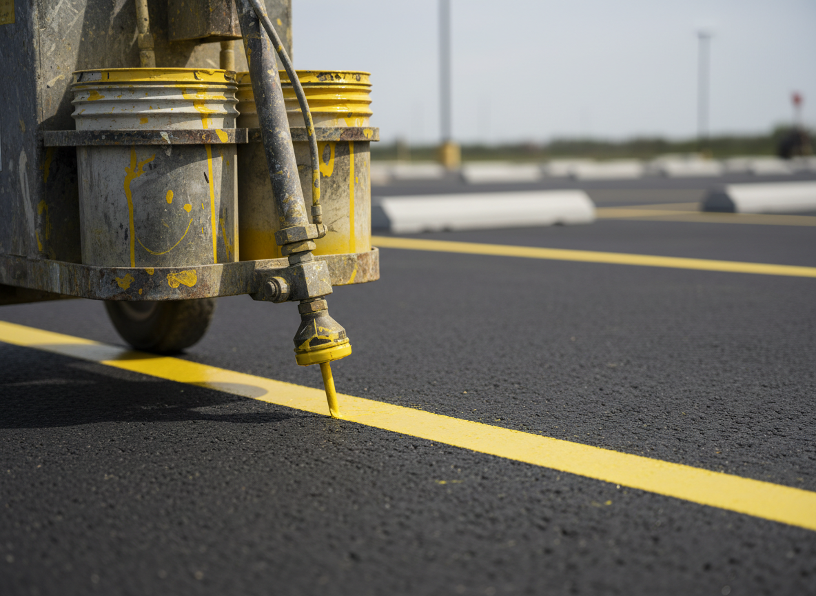 A close-up, ground-level view of a parking lot striping machine applying bold, yellow lines onto newly sealed asphalt. The metal machine shows practical wear, fresh paint containers, and a precisely aligned spray nozzle releasing a controlled stripe. The dark, smooth pavement contrasts vividly with the vivid yellow paint, still slightly wet and reflective. The background includes blurred parking spaces and concrete wheel stops, emphasizing a real job site, not a generic stock scene. Captured in bright but diffused daylight, with clear, clinical sharpness and a shallow depth of field, the mood is focused, technical, and professional, highlighting precision workmanship and quality equipment in a photographic, documentary style.