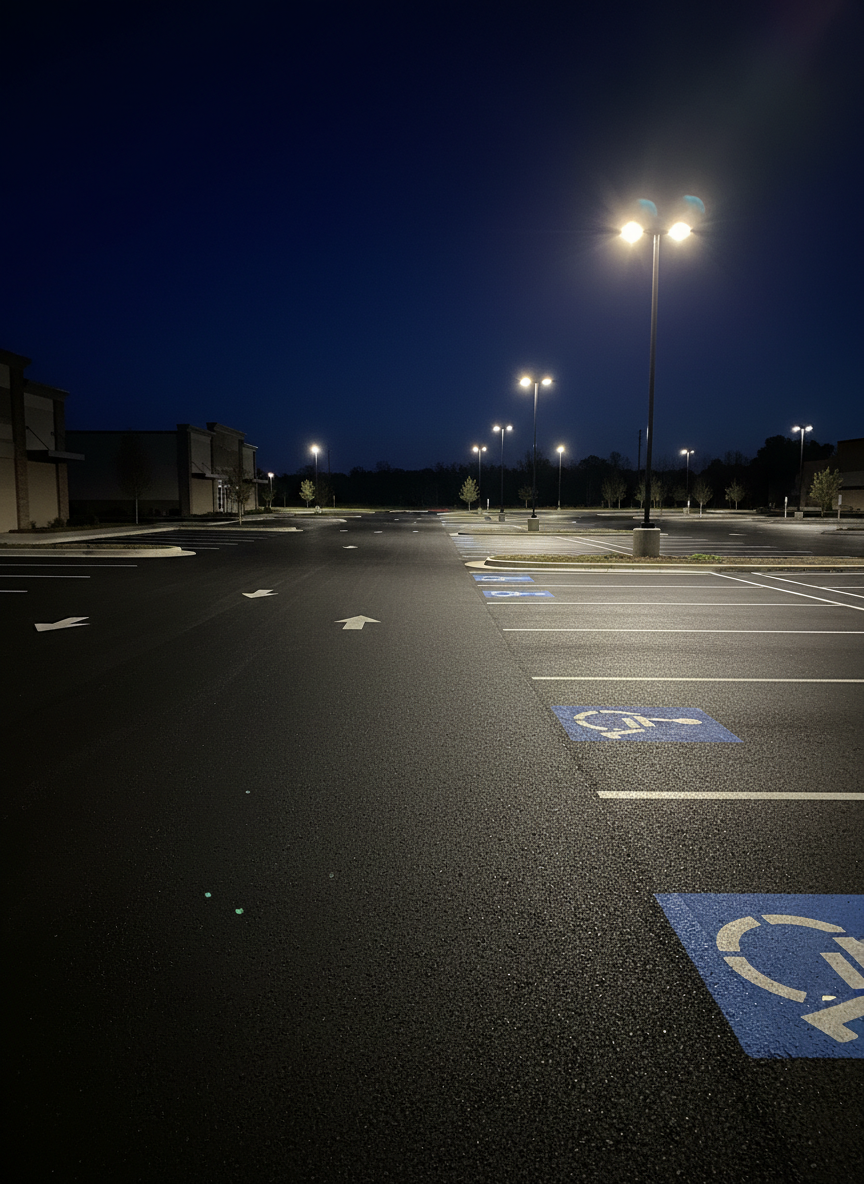 A nighttime scene of a newly striped and sealcoated parking lot under tall LED pole lights, the asphalt appearing deep black with a subtle sheen. Reflective glass bead–enhanced striping glows softly in the directional light, including handicap symbols, arrows, and stall lines, all rendered with sharp, clean edges. The surrounding buildings are dark silhouettes, keeping the focus on the pavement. Slight lens flare from the lights adds realism without overpowering the scene. Photographic realism with a low-angle perspective along the parking rows, strong contrast, and a calm, secure atmosphere that emphasizes safety, visibility, and professional-quality work after dark.