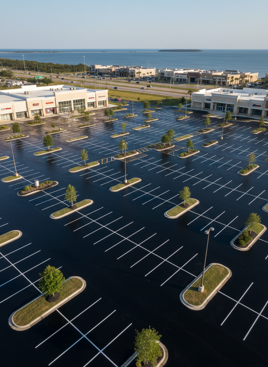 A bird’s-eye view of a large, freshly completed parking lot at a retail center on the Mississippi Gulf Coast, captured from an elevated vantage point to show the full layout. The asphalt is uniformly dark and smooth from recent sealcoating, with bright, perfectly aligned white and yellow striping for parking spaces, fire lanes, and crosswalks. Curbed islands with small trees and grass punctuate the lot, and light poles cast soft, late-day shadows that emphasize the orderly geometry. Photographic realism with crisp detail edge to edge, clear skies, and a calm, professional mood, highlighting the scale and thoroughness of the pavement maintenance work.