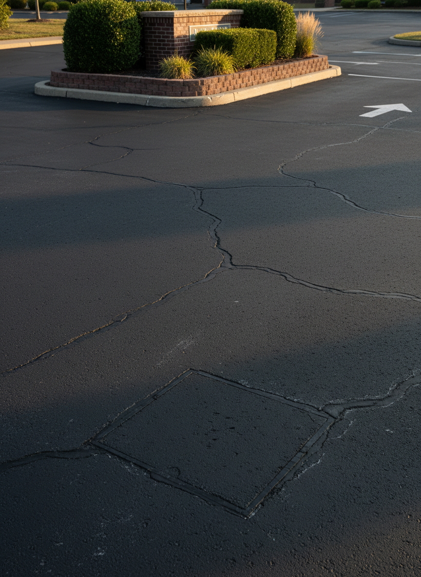 A small commercial property drive lane showcasing multiple types of asphalt repair: a neatly squared patch of new asphalt with clean saw-cut edges, several crack-filled joints, and fresh sealcoat blending the area into the surrounding pavement. Faint, newly painted directional arrows and parking lines add structure without dominating the scene. Decorative curbing, a low brick sign base, and well-kept shrubs border the pavement, subtly indicating a professional business setting. Photographic realism with late-afternoon sunlight creating soft highlights and modest shadows, captured from an eye-level angle with a medium-wide lens. The atmosphere is tidy and dependable, underscoring comprehensive pavement maintenance and asset protection.